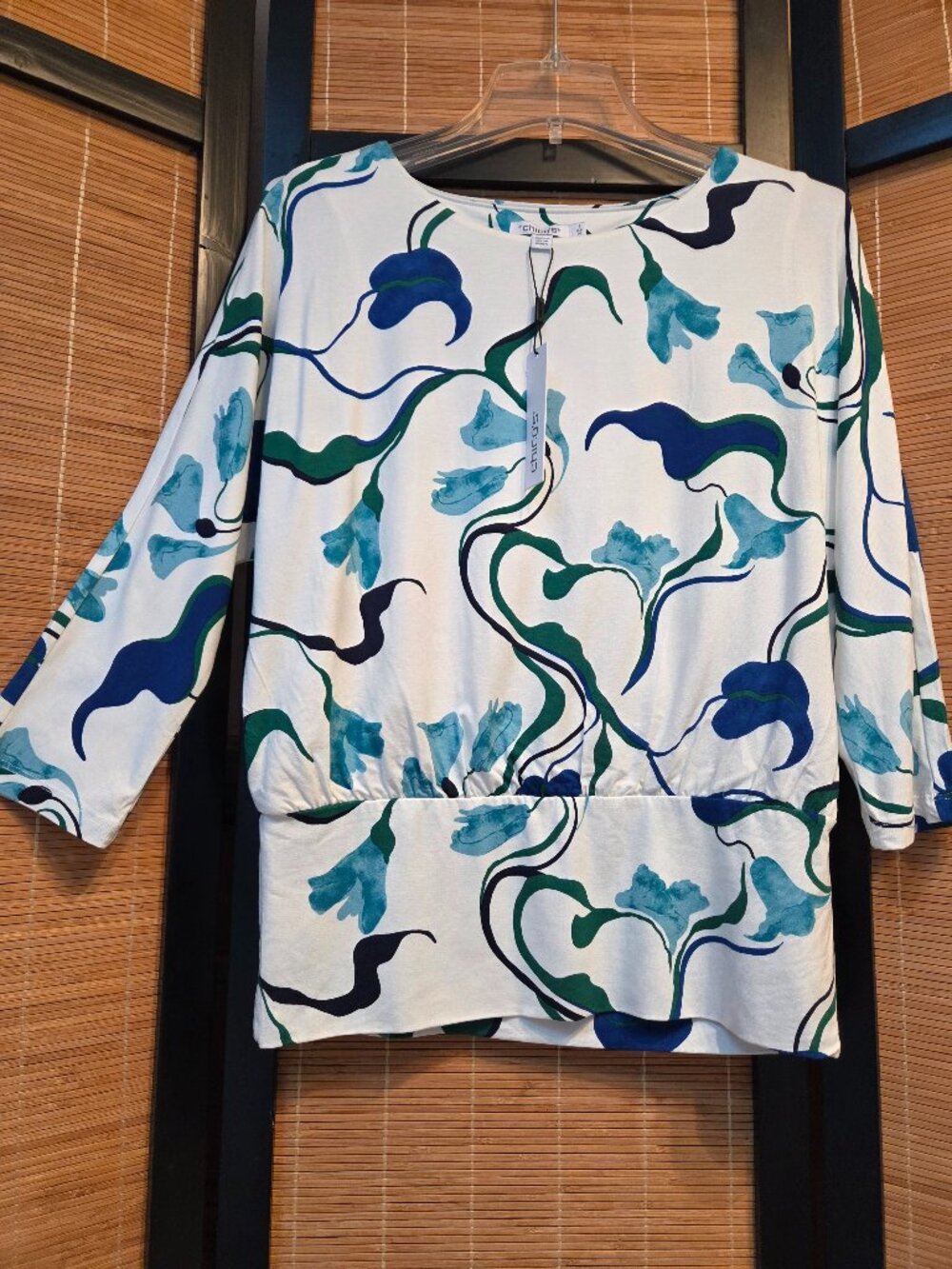 CHICO'S Women's Size 1/M Floral Double Layer 3/4 Dolman Sleeved Jersey Tee Top
